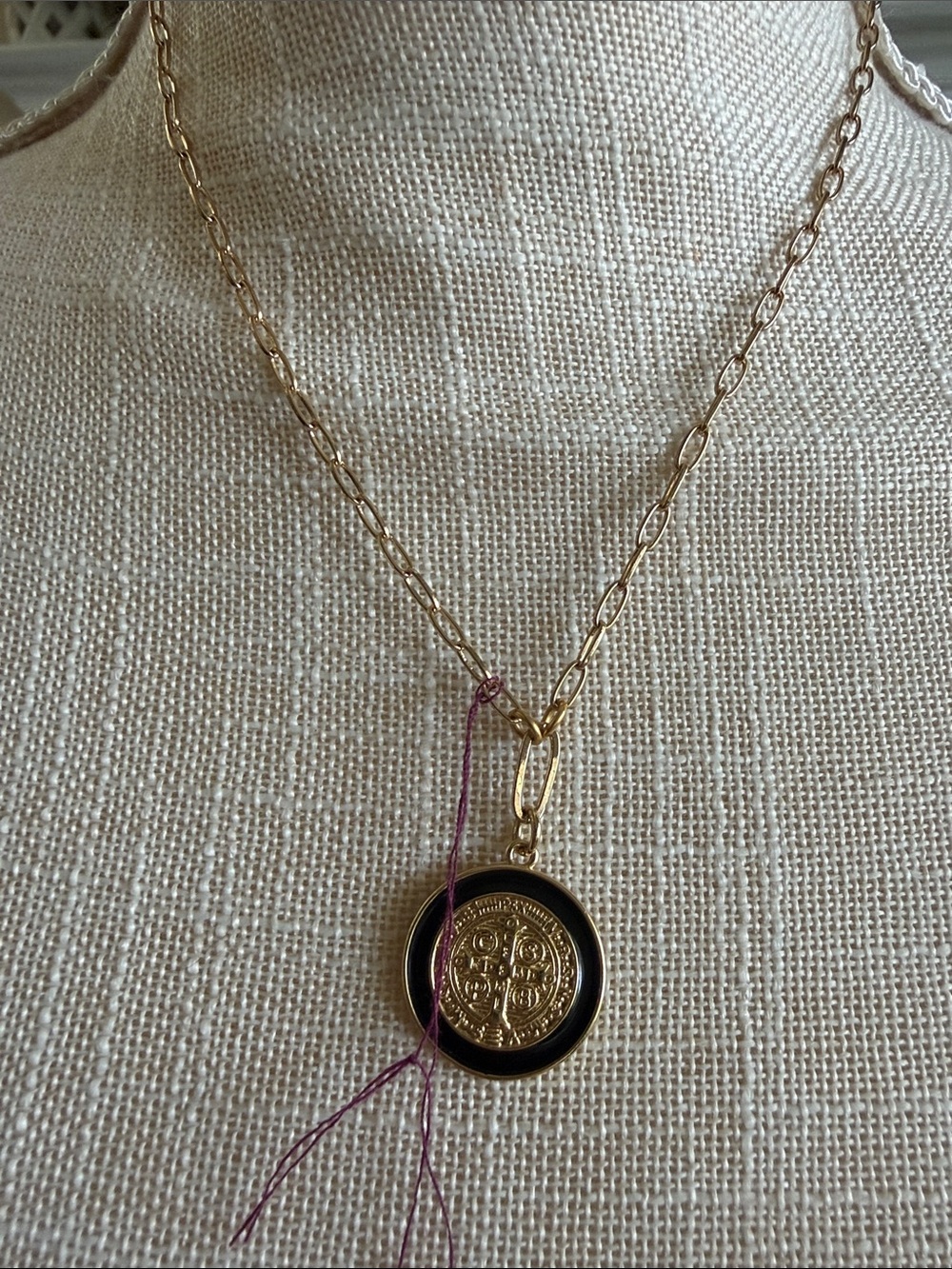 17” Gold and Black ST. Benedict Coin Drop Pendant Necklace - Women Jewelry